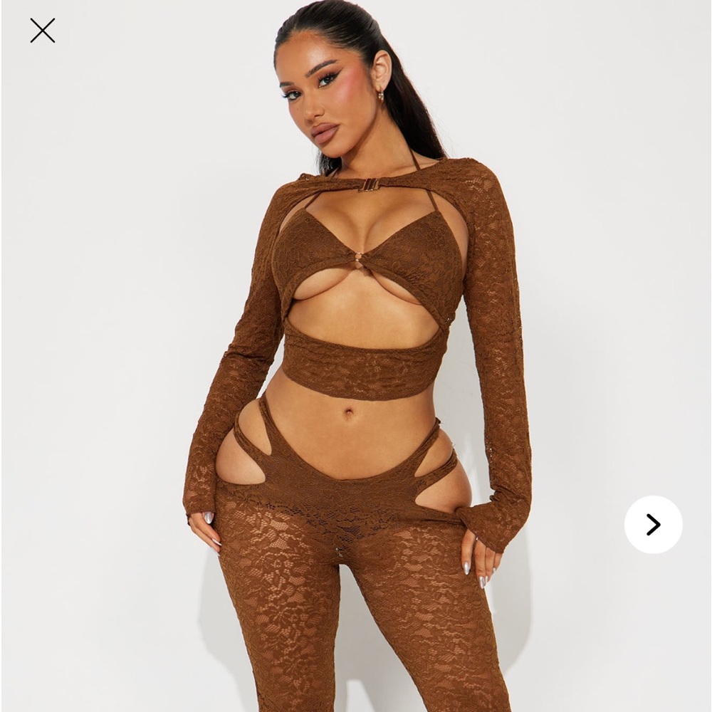 Brown Lace Cutout Three-Piece Set